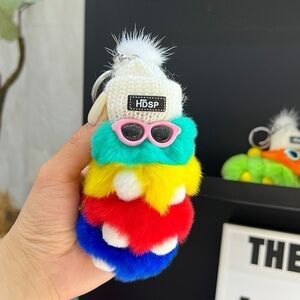 Real Rex Rabbit fur Pompom keychain-Cute Caterpillar Key chain- KC045 Rainbow